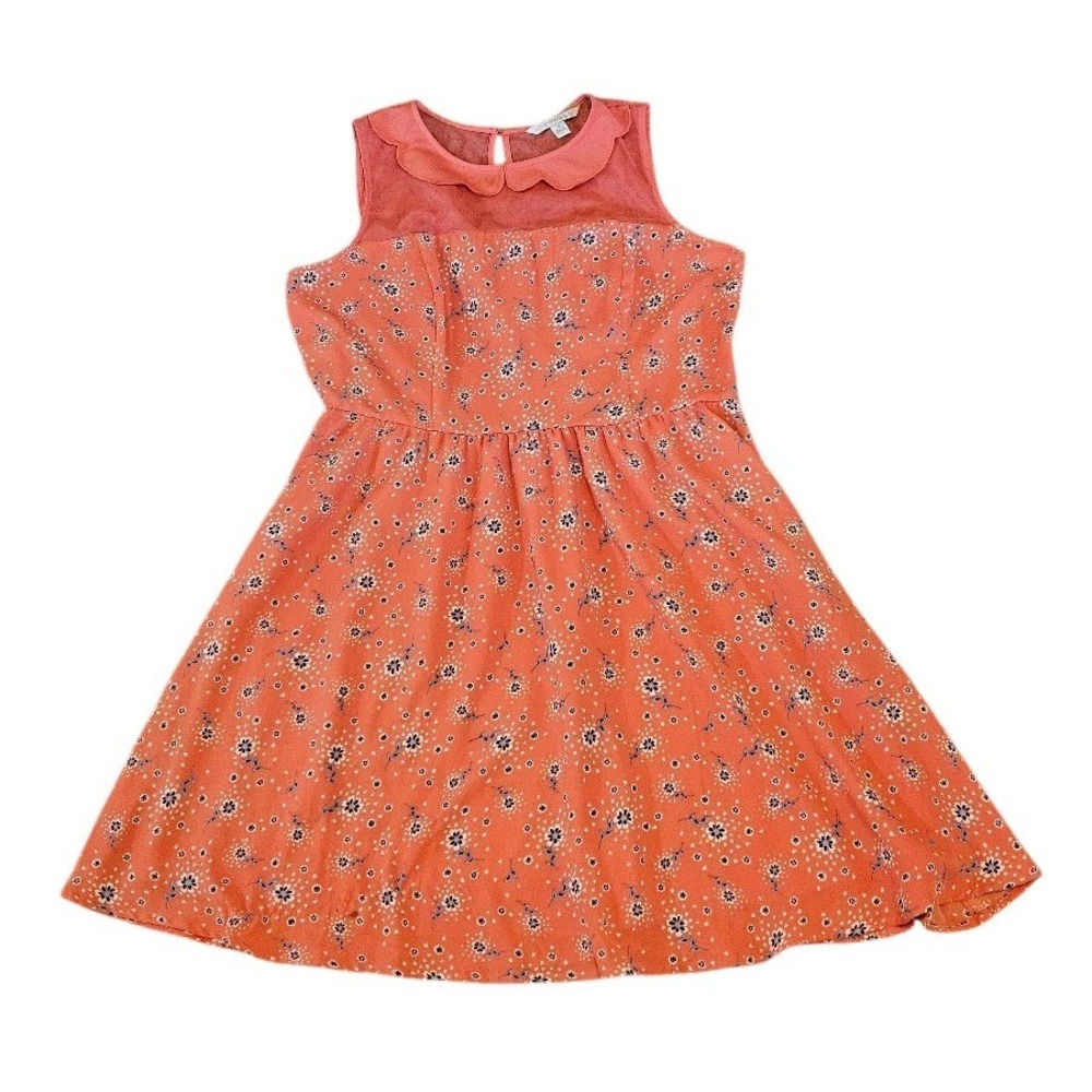 LC Lauren Conrad Coral Floral Peter Pan Collar Mesh Yoke Dress Womens 16